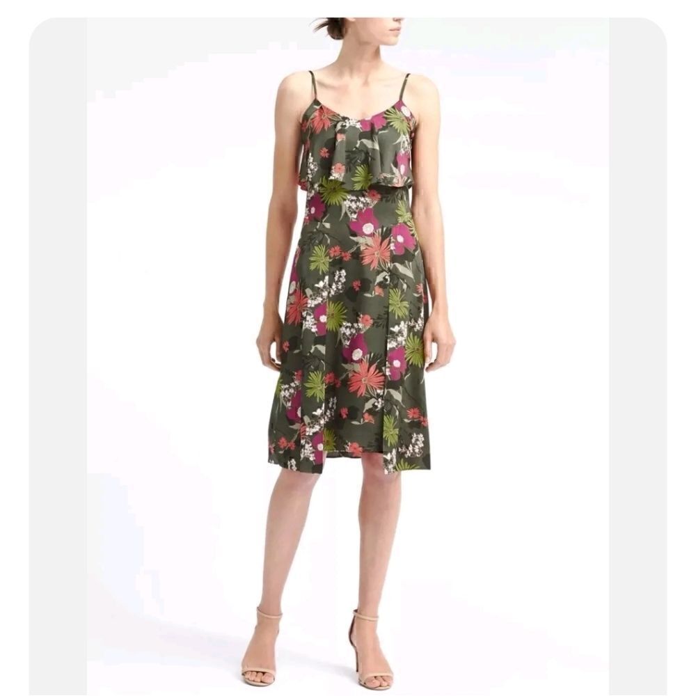NWT Banana Republic Olive Green Floral Midi Dress size 2